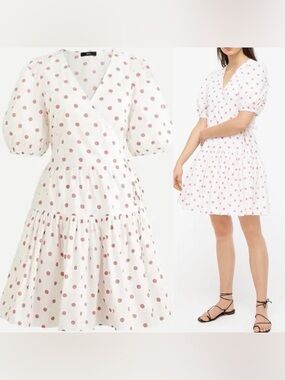J.Crew Puff Sleeve Cotton Poplin Wrap Dress White Rose Dot Sz S